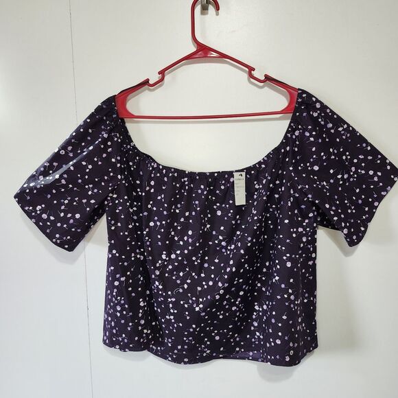 NWT Express Purple Floral Crop Top Short Sleeve Elastic Neckline Women’s XL - Picture 1 of 8